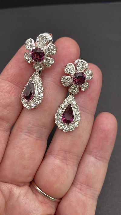 Classic Faux Amethyst & Faux Diamond Signed Attwood and Sawyer Drop Clip Earrings