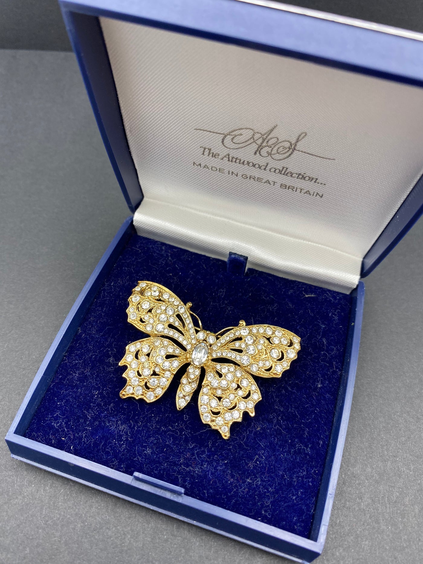 Signed Attwood and Sawyer Diamanté Butterfly Brooch