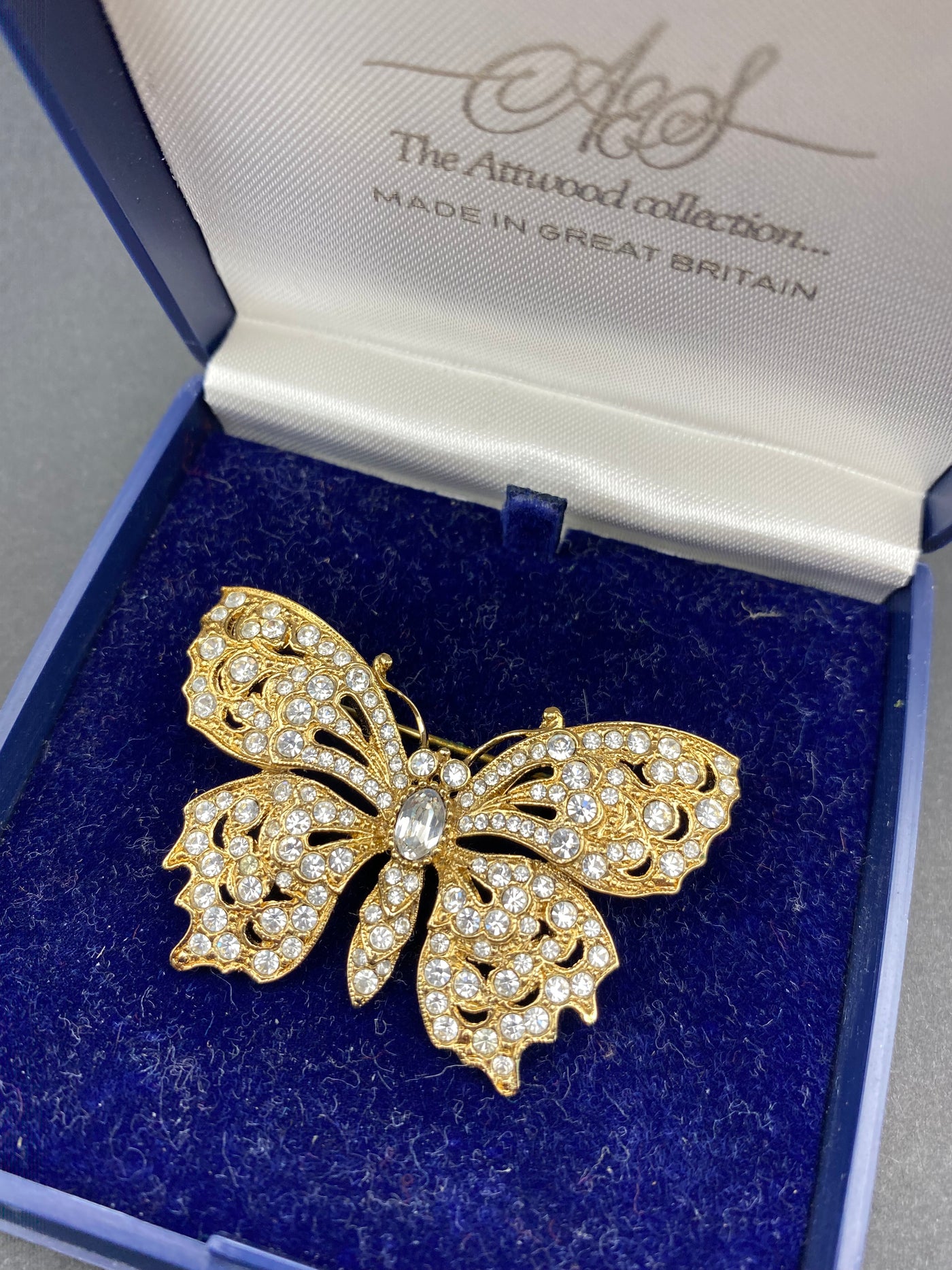 Signed Attwood and Sawyer Diamanté Butterfly Brooch